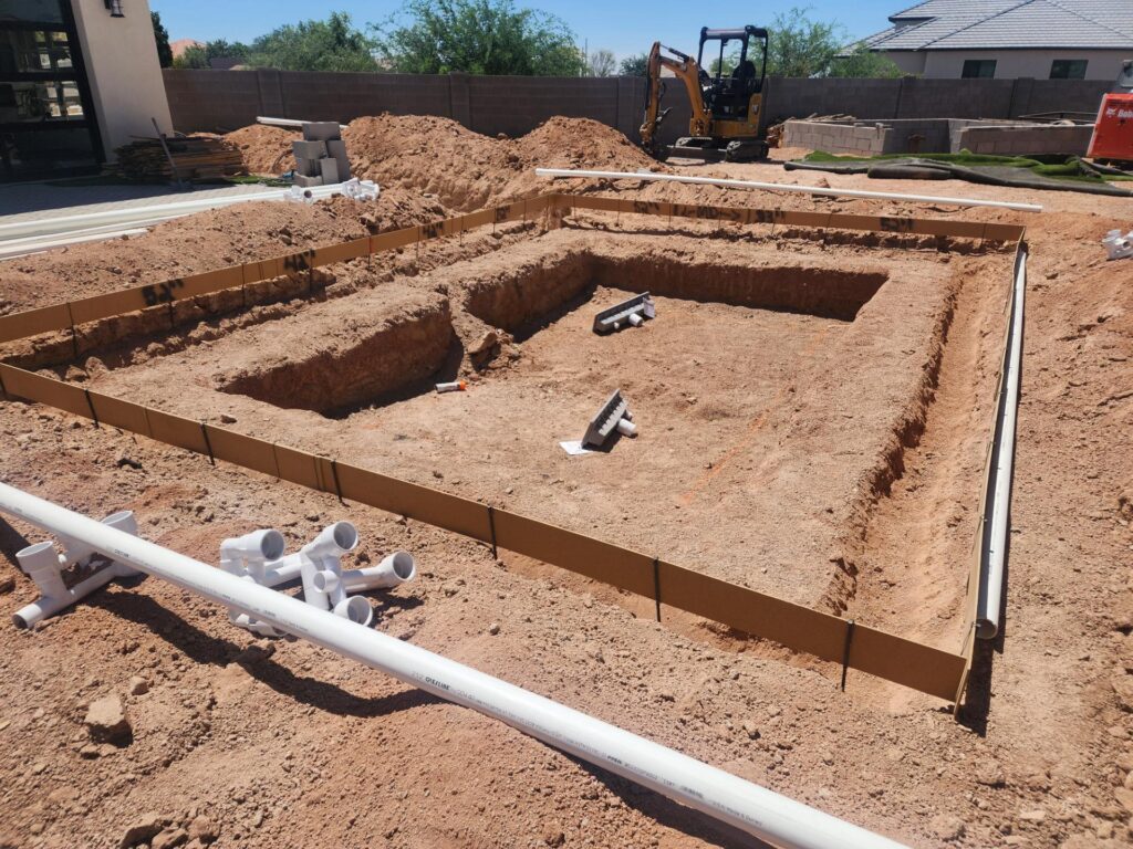 Pool excavation and framing layout underway at a property