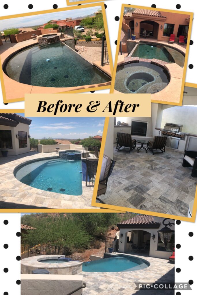 Before and after photo collage showing a complete pool remodel with new tile, decking, spa, and outdoor living area upgrade