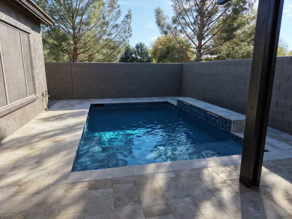 rectangular pool remodel with spa and deck